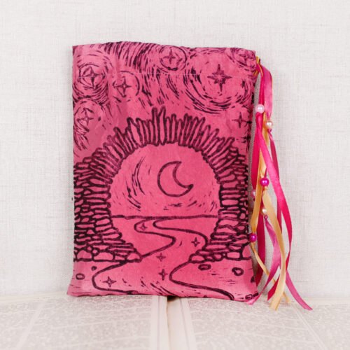 Standing pink taffeta pouch with hand printed Moon Gate pattern, printed using hand carved lino stamp by Imogen Smid