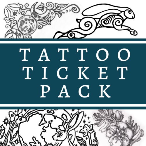 Tattoo Ticket Pack Cover showing pencil drawings and linocuts of moon gazing hares, moons, ivy and Hawthorne by Imogen Smid