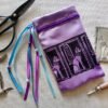 Hand printed pouch with, lino cutters, forged scissors and hand carved lino stamp which was used for printing this pouch