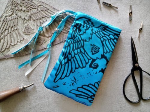 Hand printed pouch with, lino cutters, forged scissors and hand carved lino stamp which was used for printing this pouch